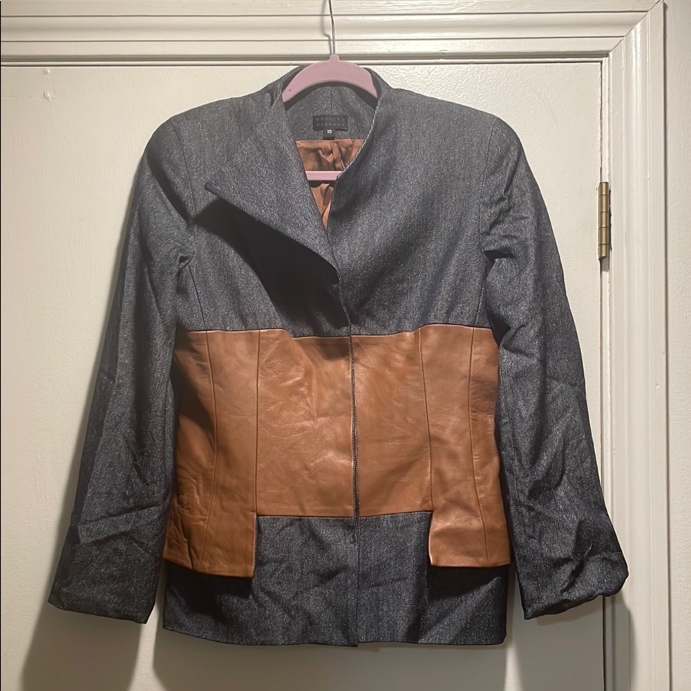 Douglas Hannant Blue Denim Cognac Leather 5 Hidden Button Down Gorgeous Jacket